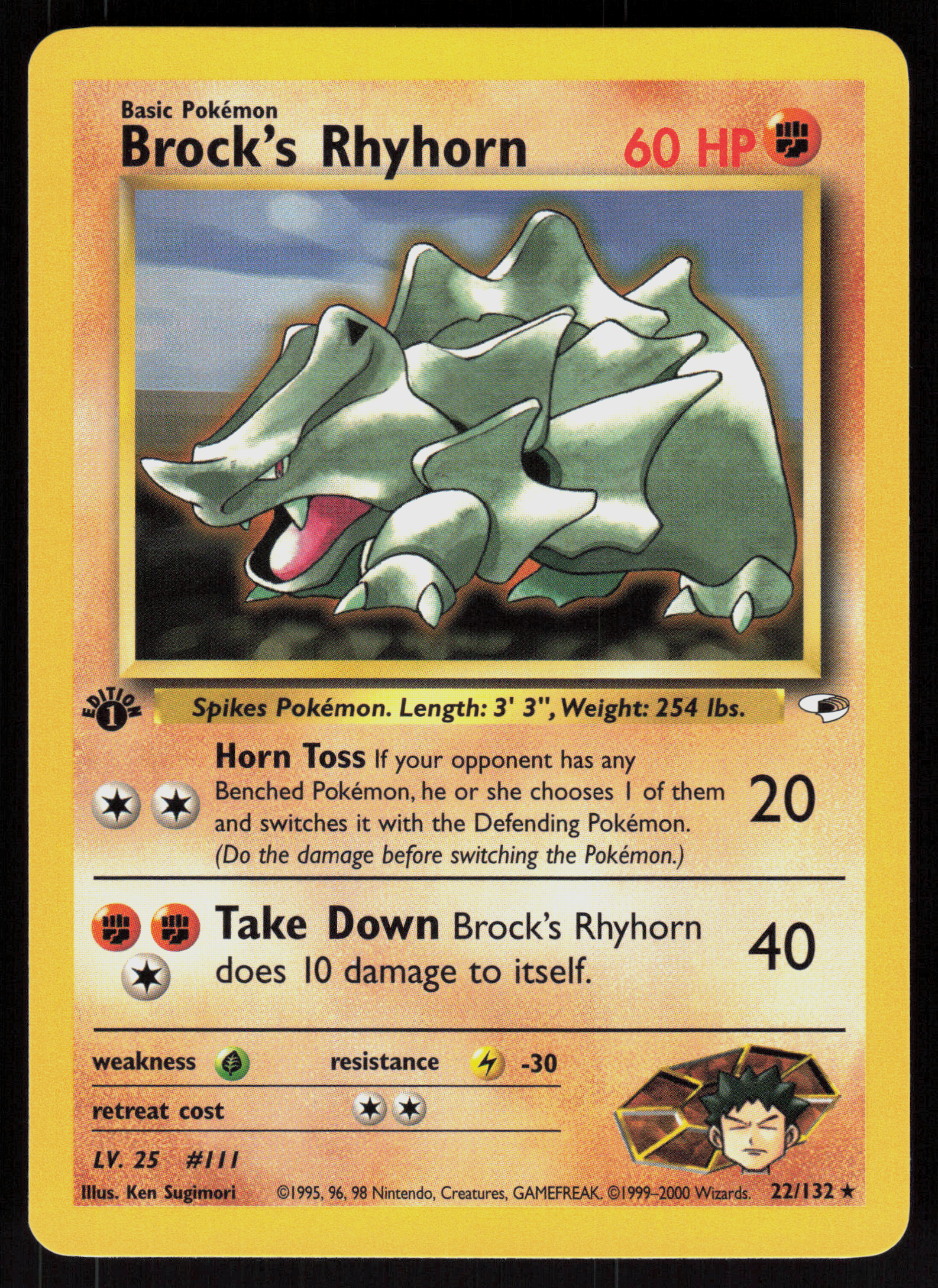 Pokemon Brock's Rhyhorn 22/132 Gym Heroes Rare 1st Edition Near Mint