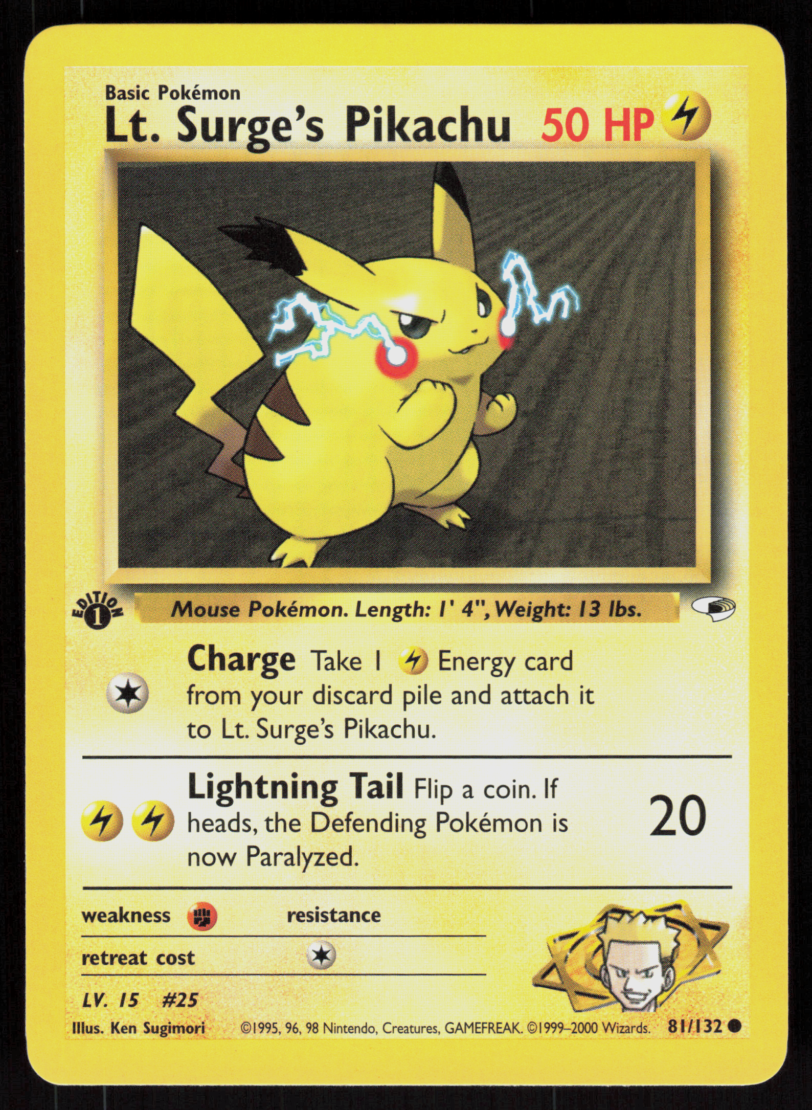 Pokemon Lt. Surge's Pikachu 81/132 Gym Heroes Common 1st Edition Near Mint