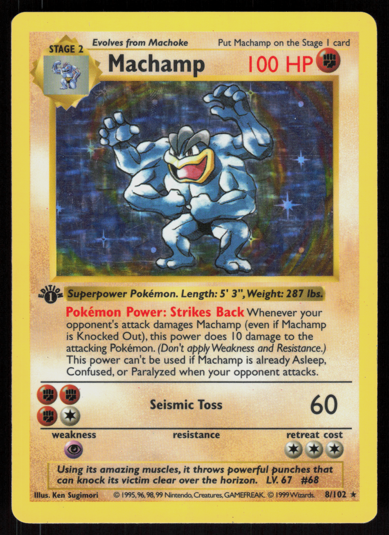 Pokemon Machamp 8/102 Base Set Shadowless 1st Edition Holo Moderately Played