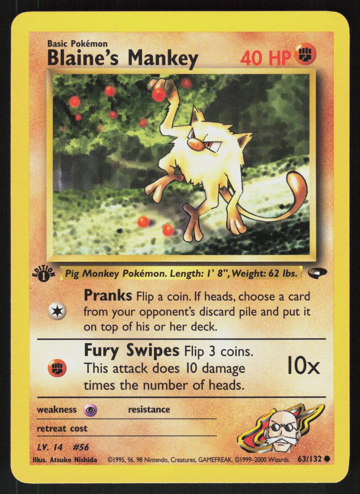 Pokemon Blaine's Mankey 63/132 Gym Challenge Common 1st Edition Near Mint
