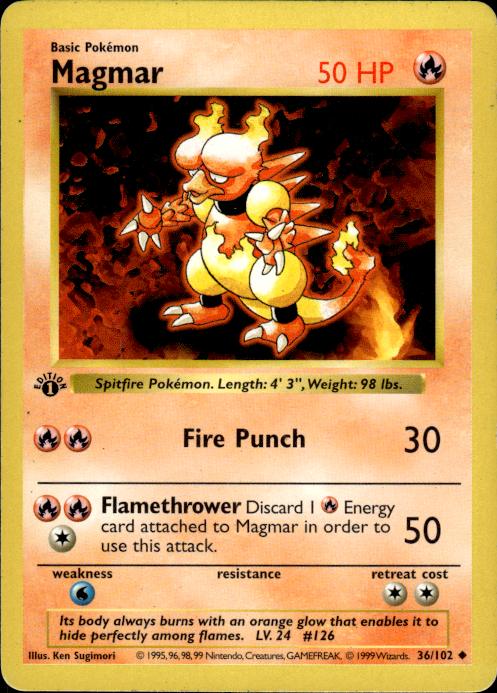 Pokemon Magmar 36/102 Base Set Uncommon 1st Edition Moderately Played