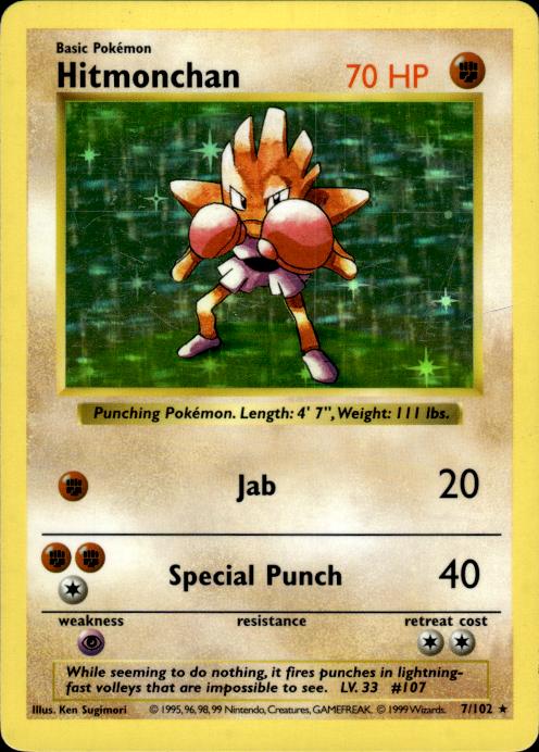 Pokemon Hitmonchan 7/102 Base Set Shadowless Holo Rare Moderately Played