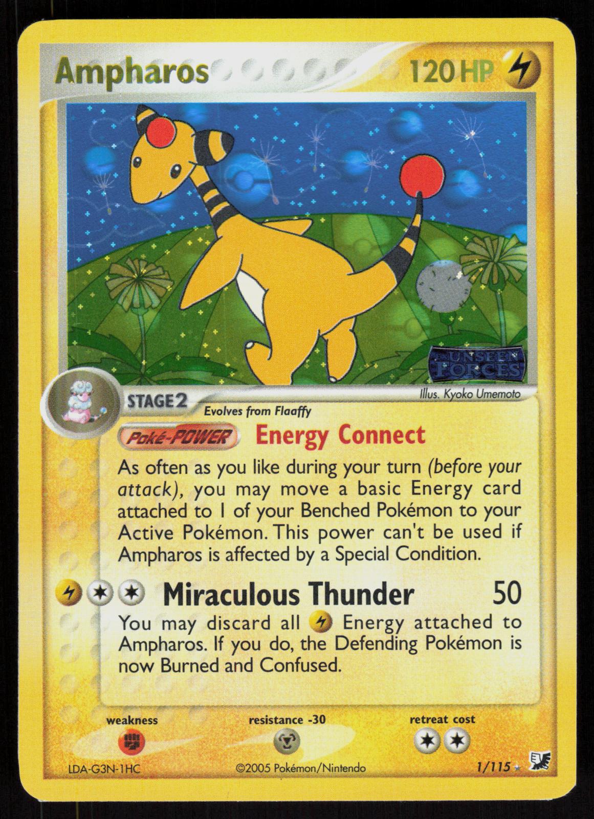 Pokemon Ampharos 1/115 Unseen Forces Holo Rare Reverse Holo Near Mint