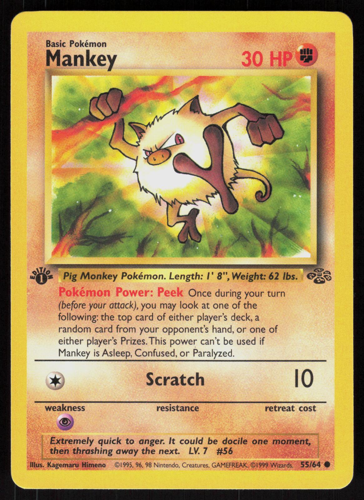 Pokemon Mankey 55/64 Jungle Common 1st Edition Near Mint