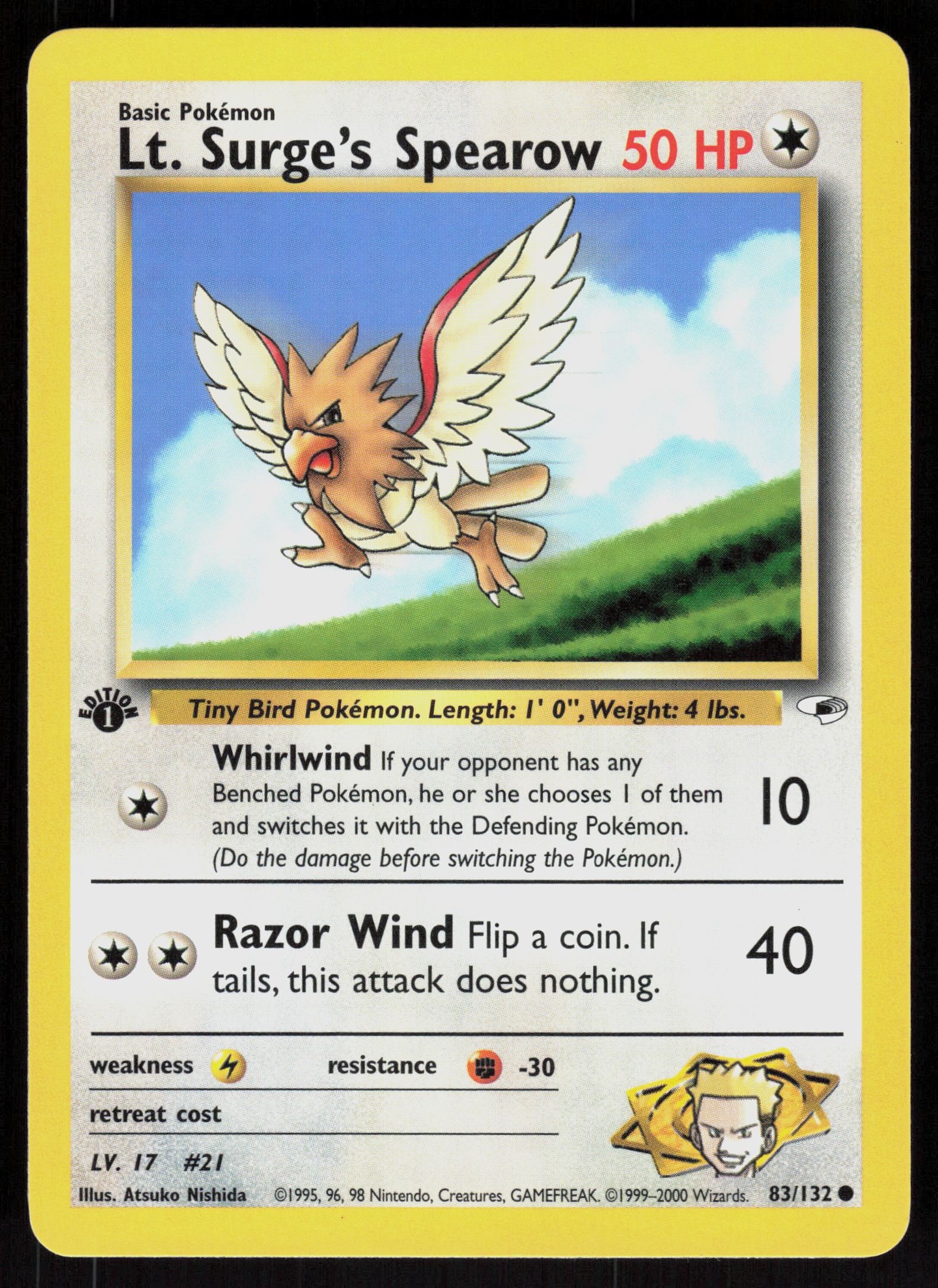 Pokemon Lt. Surge's Spearow 83/132 Gym Heroes Common 1st Edition Near Mint