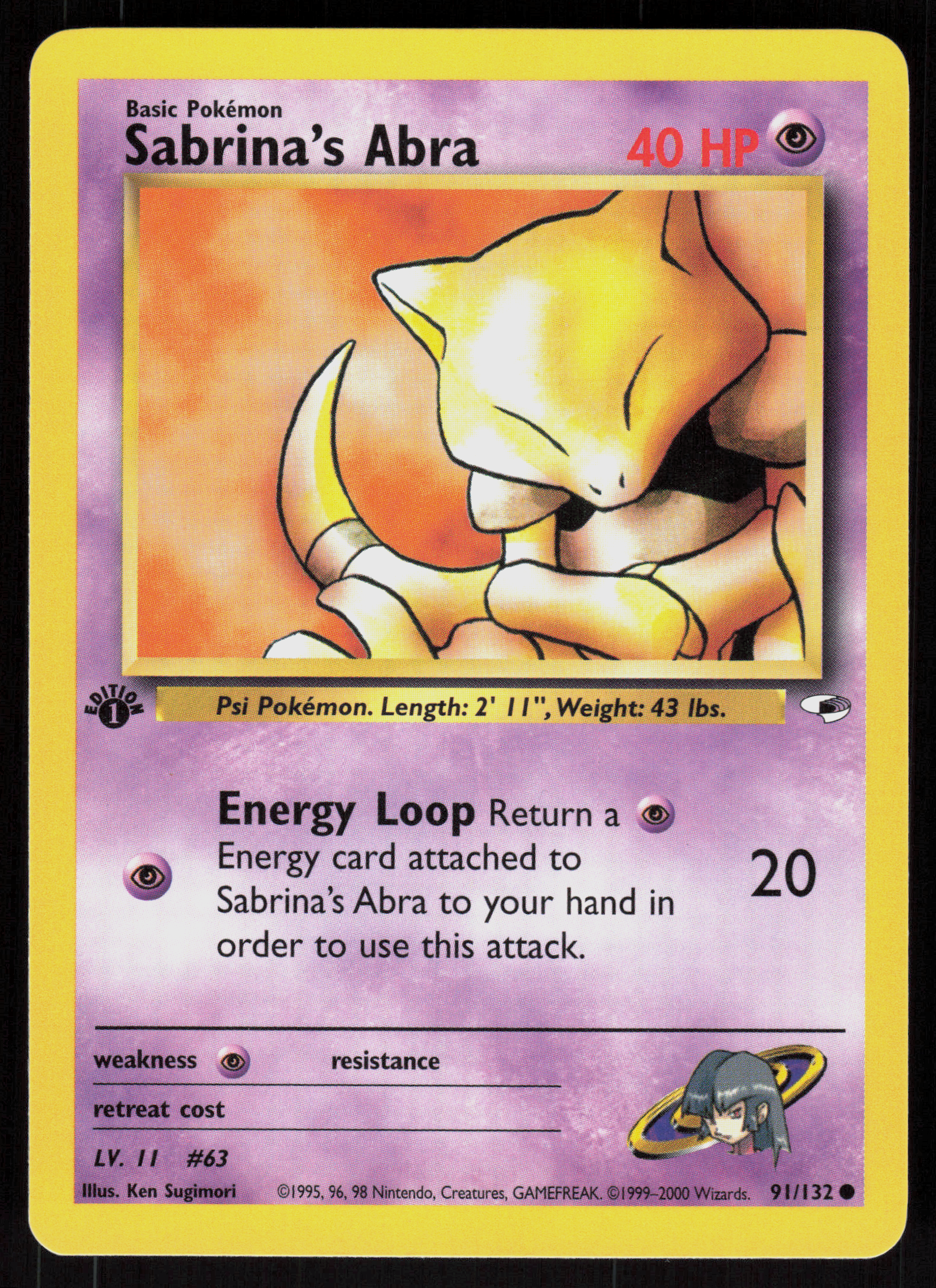 Pokemon Sabrina's Abra 91/132 Gym Heroes Common 1st Edition Near Mint