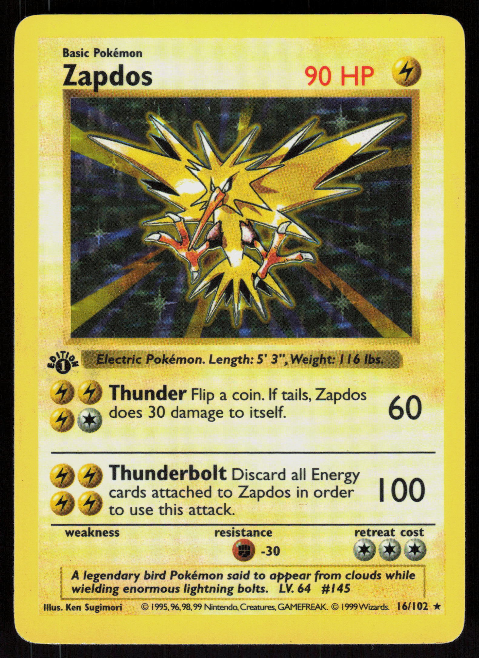 Pokemon Zapdos 16/102 Base Set Holo Rare 1st Edition Moderately Played