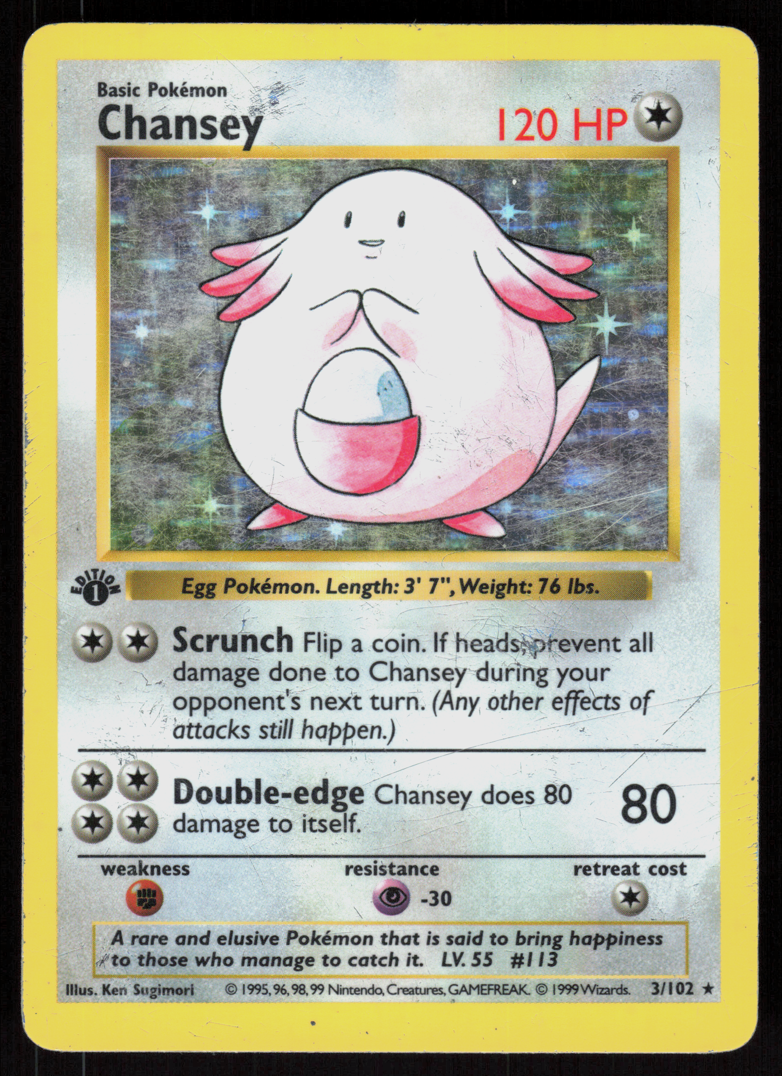 Pokemon Chansey 3/102 Base Set Holo 1st Edition Heavily Played