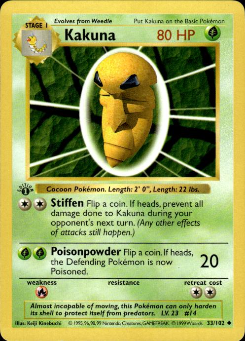 Pokemon Kakuna 33/102 Base Set Uncommon 1st Edition Moderately Played