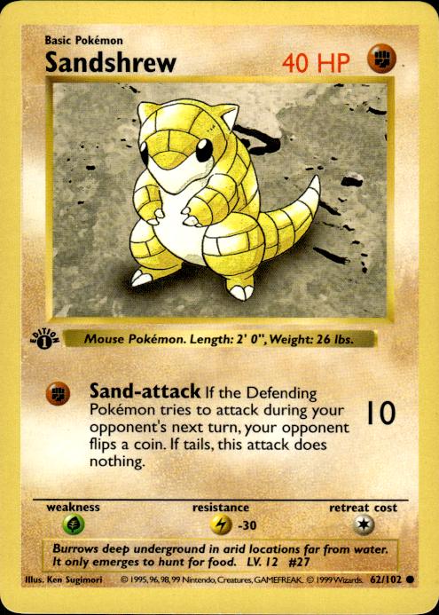 Pokemon Sandshrew 62/102 Base Set Common 1st Edition Lightly Played