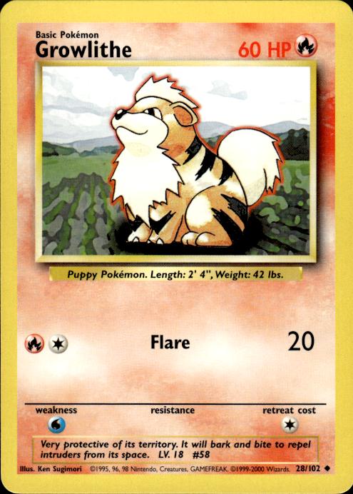 Pokemon Growlithe 28/102 Base Set 4th Print 1999-2000 Uncommon Near Mint